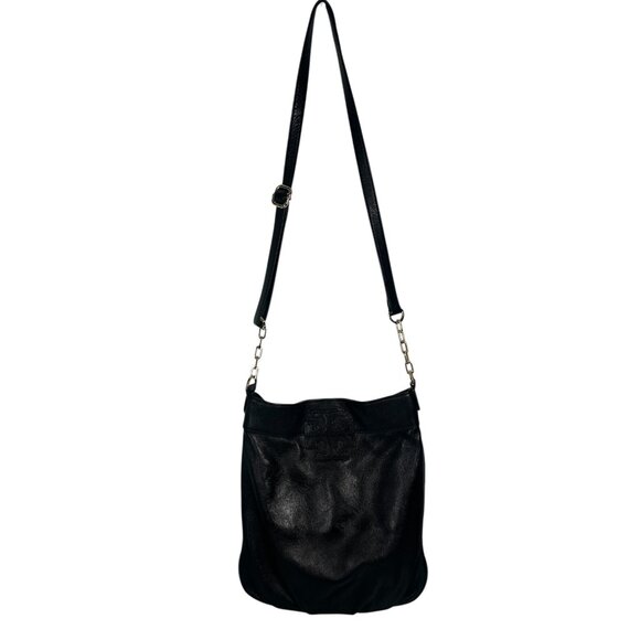 Tory Burch Black Stacked T Book Bag Pebbled Leather Crossbody - Picture 2 of 16